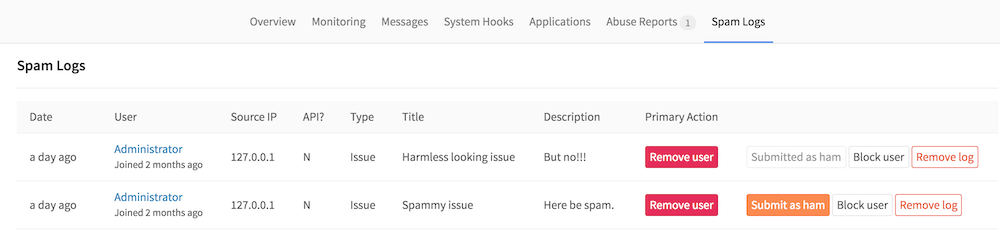 Screenshot of spam logs