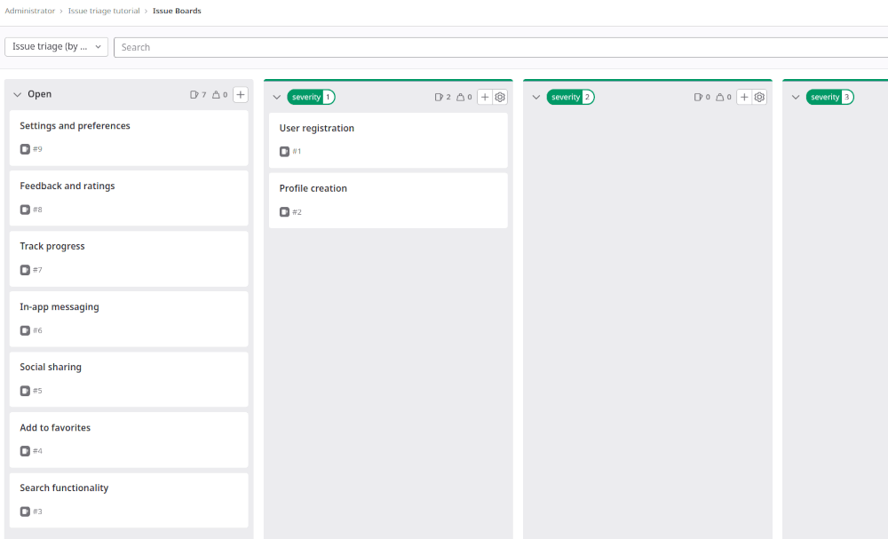 Triage issue board with example issues
