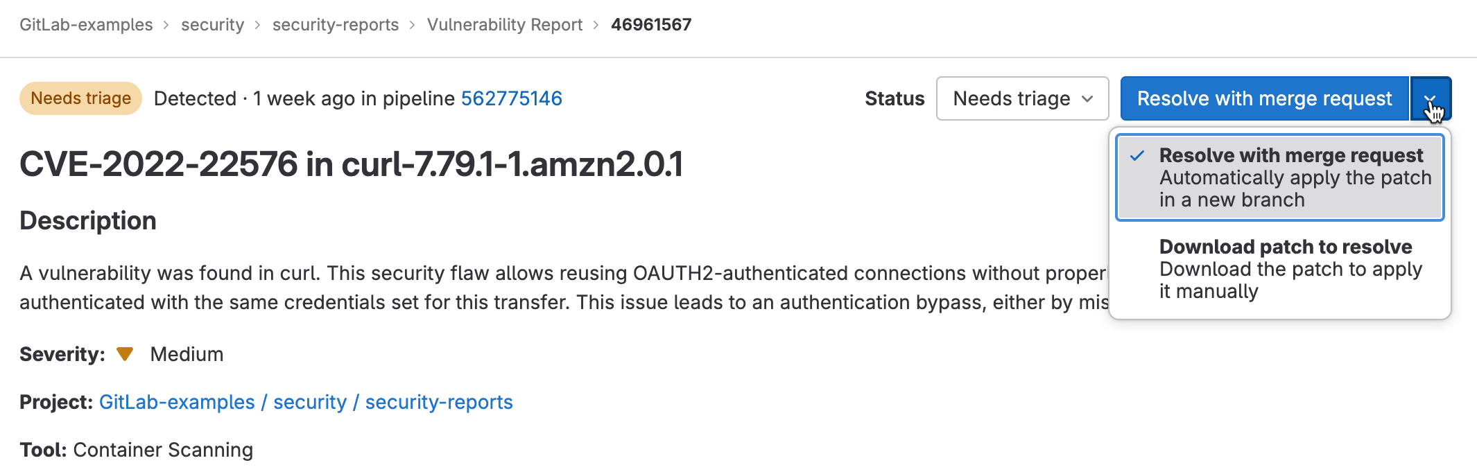 Create merge request from vulnerability