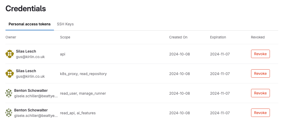 The credentials inventory page listing personal access tokens.