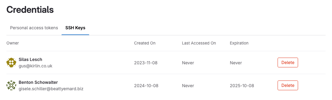 The credentials inventory page listing SSH keys.