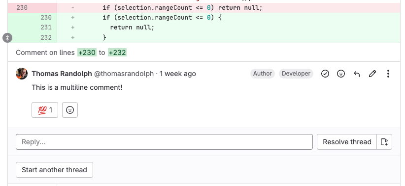 Multi-line comment selection displayed above comment