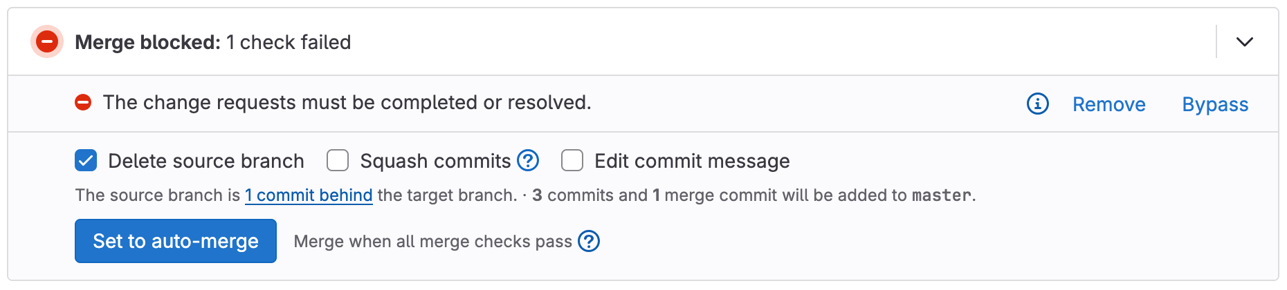 A merge request that is blocked because a user requested changes